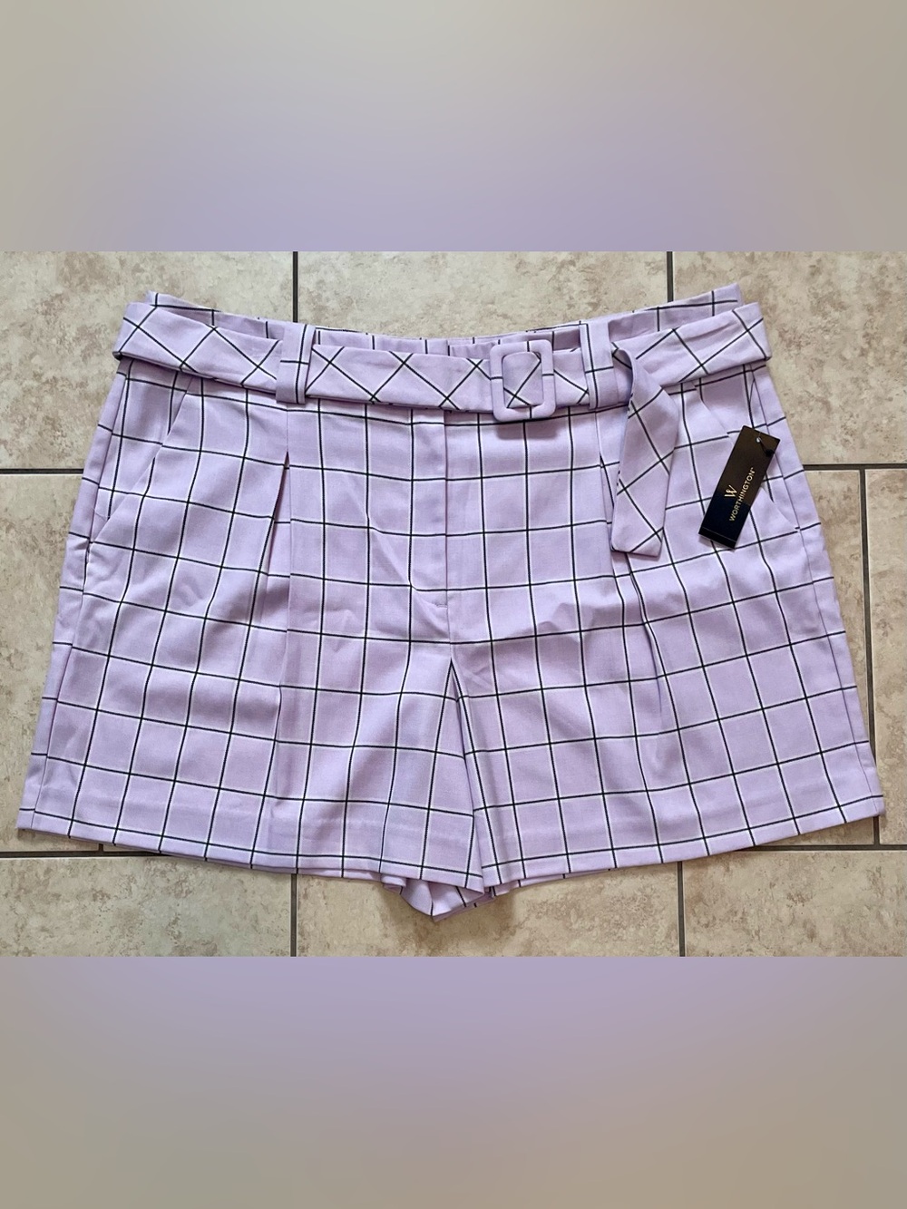 Worthington Women's Lilac Plaid Pleated Belted Shorts Size 18